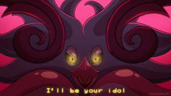 artist_request beak english_text fourth_wall gen_6_pokemon glowing glowing_eyes highres hypnosis looking_at_viewer malamar meme mind_control my_friend_malamar_(meme) nintendo no_humans open_mouth pokemon pokemon_(creature) pokemon_focus solo squid tentacles yellow_eyes