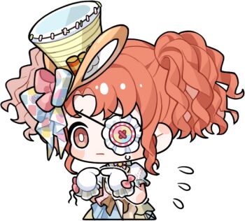 1girl art_of_tailoring_(infinity_nikki) artist_request blush_stickers bow bowtie bright_pupils brown_eyes buttons chibi closed_mouth cropped_legs dress eyepatch flying_sweatdrops frilled_gloves frilled_sleeves frills frown gloves hand_on_own_hip hat hat_bow infinity_nikki lolita_fashion looking_ahead multicolored_bow multicolored_dress nervous nikki_(series) official_art orange_hair parted_bangs patchwork_clothes pinafore_dress pink_bow pink_bowtie puffy_short_sleeves puffy_sleeves shirt short_hair short_sleeves short_twintails sleeveless sleeveless_dress solo sweatdrop tareme top_hat transparent_background twintails wavy_hair white_bow white_bowtie white_gloves white_pupils white_shirt white_sleeves wrist_bow yellow_hat