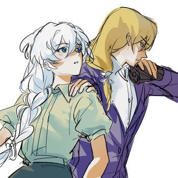 1boy 1girl alternate_costume arm_up azhccizunssqunlzhu behind_another blonde_hair blue_eyes braid chinese_commentary collared_jacket collared_shirt couple embarrassed formal_clothes bad_tag from_side green_eyes green_shirt hair_between_eyes hair_over_shoulder hand_on_another's_shoulder head_tilt highres honkai_(series) honkai_impact_3rd jacket kallen_kaslana long_braid long_hair long_sleeves looking_to_the_side looking_up low-tied_long_hair otto_apocalypse parted_lips purple_jacket purple_suit shade shirt short_hair single_braid standing suit suit_jacket upper_body white_hair white_shirt