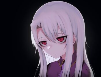 1girl black_background expressionless fate/grand_order fate_(series) illyasviel_von_einzbern long_hair ompf purple_shirt red_eyes shirt solo upper_body white_hair