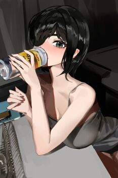 1girl absurdres alcohol beer beer_can black_hair blush can chainsaw_man drink_can drinking eyepatch green_eyes highres himeno_(chainsaw_man) looking_at_viewer patch ppangchil shirt short_hair shorts solo t-shirt