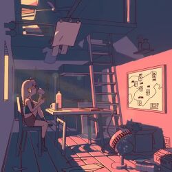 1girl ahoge animated box camisole cardboard_box ceiling_fan chopsticks clothes_hanger computer cup eating electric_fan electrical_outlet from_side holding holding_chopsticks indoors ladder laptop laundry light_rays looping_animation mug original plastic_bottle profile scenery shadow shelf short_shorts shorts sink sitting skmi752a socks solo sound sunlight table television unworn_clothes vase video watching_television window wooden_floor