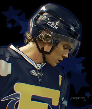 1boy artist_name black_background blonde_hair canissmajor commentary cross cross_necklace curly_hair english_commentary from_side heated_rivalry helmet highres hockey_helmet hockey_sweater ilya_rozanov jewelry looking_down male_focus necklace open_mouth portrait profile short_hair solo star_(symbol)