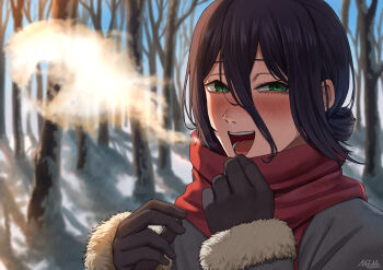 1girl absurdres bare_tree black_gloves black_hair blue_sky blush breath chainsaw_man coat fur-trimmed_sleeves fur_trim gloves green_eyes grey_coat hair_between_eyes hair_bun highres looking_at_viewer matomo morning open_mouth outdoors red_scarf reze_(chainsaw_man) scarf sky snow solo tree winter_clothes