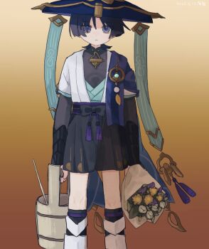 Rule 34 | 1boy, aqua kimono, armor, arms at sides, belt, black belt, black bodysuit, black bow, black hair, black shorts, blue cape, blue gemstone, blue hat, blue sleeves, blunt ends, bodysuit, bouquet, bow, bridal gauntlets, bucket, cape, closed mouth, feathers, flower, furisode, gem, genshin impact, gold, grey bridal gauntlets, hakama, hakama shorts, hat, haze, holding, holding bouquet, holding bucket, japanese armor, japanese clothes, jingasa, juban, kimono, kote, kurokote, layered sleeves, leg warmers, looking at viewer, male focus, mandarin collar, open clothes, open kimono, orange background, pleated shorts, pom pom (clothes), purple eyes, purple flower, purple rope, purple sash, rope, sash, scaramouche (genshin impact), short sleeves, shorts, solo, straight-on, tassel, umigasa, wanderer (genshin impact), white flower, white kimono, white leg warmers, white sleeves, yellow feathers, yellow flower