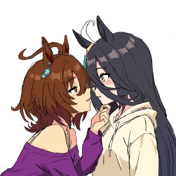 2girls agnes_tachyon_(umamusume) animal_ears black_hair blush brown_hair commentary eye_contact hand_on_another&#039;s_chin highres hood hoodie horse_ears horse_girl long_hair looking_at_another manhattan_cafe_(umamusume) medium_hair multiple_girls off-shoulder_shirt off_shoulder parted_lips purple_shirt red_eyes sakuraji_rai shirt simple_background umamusume white_background yellow_eyes yellow_hoodie yuri
