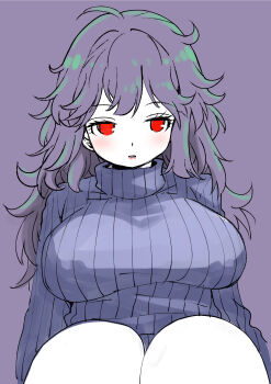 1girl absurdres ahoge blush breasts highres large_breasts long_hair long_sleeves looking_at_viewer muramasa_mikado original parted_lips purple_background purple_hair purple_sweater purple_theme red_eyes sitting sweater teeth