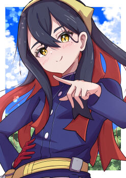 1girl :o absurdres black_hair blue_jacket blueberry_academy_school_uniform blush carmine_(pokemon) commentary_request crossed_bangs eyelashes gloves hair_between_eyes hairband hand_on_own_hip highres jacket long_hair long_sleeves looking_at_viewer multicolored_hair nintendo open_mouth pokemon pokemon_sv red_gloves red_hair rono_(lethys) school_uniform single_glove solo two-tone_hair upper_body yellow_hairband