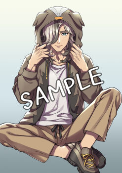 >:) 1boy animal_ears animal_hood arven_(pokemon) black_hair blue_background blue_eyes brown_jacket brown_pants brown_shoes closed_mouth comiket_101 dog_ears dog_hood drawstring fake_animal_ears gradient_background grey_hair hair_over_one_eye hands_up highres hood hood_up hooded_jacket jacket looking_at_viewer male_focus mono_land multicolored_hair nintendo open_clothes open_jacket pants pokemon pokemon_sv sample_watermark shirt shoes sitting smile solo streaked_hair thick_eyebrows v-shaped_eyebrows watermark white_shirt