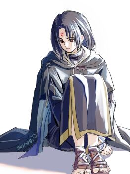 1boy aonagimay black_hair closed_mouth facial_mark fire_emblem fire_emblem:_path_of_radiance forehead_mark highres long_hair male_focus nintendo red_eyes sitting solo soren_(fire_emblem)