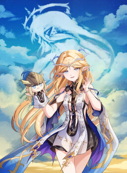 1girl absurdres bare_shoulders black_dress blonde_hair blue_eyes breasts cartethyia_(wuthering_waves) cloud commentary cowboy_shot crown_of_thorns dress earrings fleurdelys_(wuthering_waves) hand_puppet hand_up highres iv_(tpgs5473) jewelry long_hair looking_at_viewer multiple_earrings necklace parted_bangs parted_lips pointy_ears puppet small_breasts smile solo tabard thighs white_tabard wuthering_waves