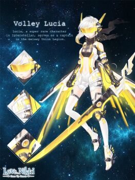 1girl artist_request black_gloves black_scarf black_shirt boots breasts cable character_name close-up closed_mouth clothing_cutout colored_tips copyright_logo dual_wielding elbow_gloves english_text expressionless full_body gloves hair_ornament hawker_harrier headset high_heel_boots high_heels holding holding_sword holding_weapon knee_pads leotard light_frown logo mechanical_wings medium_breasts medium_hair miracle_nikki multicolored_hair navel nikki_(series) official_art pointy_ears scarf science_fiction shirt shorts shoulder_cutout single_knee_pad solo space standing star_(sky) stomach_cutout sword thighhighs third-party_source visor_(armor) volley_lucia_(miracle_nikki) weapon white_boots white_hair white_leotard white_shorts white_thighhighs wings yellow_wings