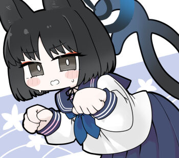 1girl animal_ear_fluff animal_ears black_hair blue_archive blue_neckerchief blue_sailor_collar blue_skirt blush_stickers cat_ears cat_tail chibi grey_eyes halo hands_up kikyou_(blue_archive) long_sleeves looking_at_viewer miranofuudoria multiple_tails neckerchief paw_pose pleated_skirt puffy_long_sleeves puffy_sleeves sailor_collar school_uniform serafuku shirt short_hair skirt solo sweat tail two_tails wavy_mouth white_shirt