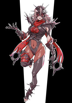 1girl absurdres armor bandaged_head bandages black_leotard black_sclera breasts colored_sclera commentary covered_navel dark_persona earrings english_commentary fantastic_four full_body gloves grey_hair highleg highleg_leotard highres jewelry leotard looking_at_viewer malice_(sue_storm) marvel marvel_rivals red_eyes red_scarf scarf shoulder_spikes smile solo spiked_armor spiked_helmet spikes sue_storm superebiseeeen thong_leotard