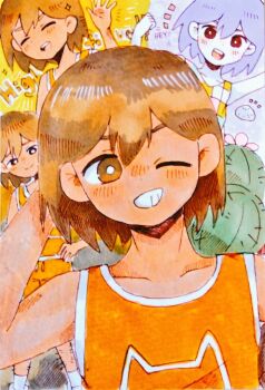 Rule 34 | 2boys, alternate eye color, arm behind head, arm up, bright pupils, brown eyes, brown hair, cactus, closed eyes, closed mouth, collarbone, commentary request, dark-skinned female, dark skin, dual persona, geldslzcyf59548, grin, hector (omori), kel (faraway) (omori), kel (headspace) (omori), kel (omori), looking at viewer, male focus, multiple boys, omori, one eye closed, open mouth, orange shorts, pet rock, shorts, smile, socks, teeth, white pupils, white socks