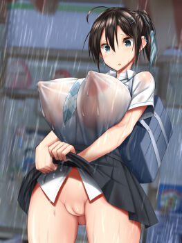1girl ahoge ass backpack bag black_hair blue_eyes bottomless breasts cleft_of_venus covered_erect_nipples earrings female_focus from_below hair_ornament hair_ribbon hairclip highres huge_breasts jewelry kawahagi-tei kawahagitei lactation lactation_through_clothes large_areolae medium_hair miniskirt necktie neckwear_between_breasts nipples no_bra no_panties open_mouth original outdoors pleated_skirt pussy rain ribbon see-through_clothes shirt skirt solo standing thick_thighs thighs wet