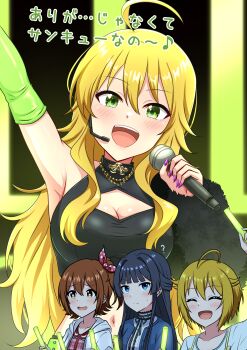 4girls ? absurdres ahoge arm_up belt black_hair blonde_hair blue_eyes blurry blurry_background blush breasts brown_hair cleavage commentary_request green_belt green_eyes hair_between_eyes headset highres holding holding_microphone hoshii_miki ibuki_tsubasa idolmaster idolmaster_million_live! idolmaster_million_live!_theater_days kasuga_mirai large_breasts long_hair long_sleeves looking_at_viewer microphone mimiu_p mogami_shizuka multiple_girls navel open_mouth purple_nails short_hair smile teeth tongue translation_request upper_teeth_only