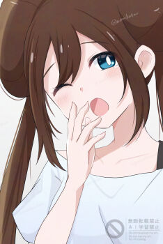 1girl ;o alternate_costume aoneko4ao_(edwf7745) blue_eyes bright_pupils brown_hair collarbone commentary_request hand_up highres long_hair nintendo one_eye_closed open_mouth pokemon pokemon_bw2 rosa_(pokemon) shirt sidelocks solo twintails upper_body watermark white_pupils white_shirt