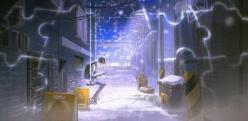 1boy alley backpack bag black_hair city_lights collared_shirt from_side full_body hashtag-only_commentary highres holding holding_phone jigsaw_puzzle kim_dokja lamppost light_particles lightning looking_at_phone male_focus night omniscient_reader&#039;s_viewpoint outdoors phone puzzle puzzle_piece road scenery shirt shoes short_hair sign sitting slouching sneakers snow snowing street swing trash_can warning_sign white_shirt wide_shot yusongrmdsuki