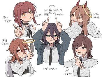 angel angel_and_devil angel_devil_(chainsaw_man) angel_wings black_wings blush brown_hair choker collared_shirt demon_girl demon_horns demon_wings detached_wings feathered_wings feathers hair_between_eyes halo higashiyama_kobeni highres horns index_finger_raised katakutinibosi long_hair long_sleeves makima_(chainsaw_man) mini_wings multiple_girls necktie open_mouth original pointing power_(chainsaw_man) reze_(chainsaw_man) shirt simple_background smile white_background white_shirt white_wings wings