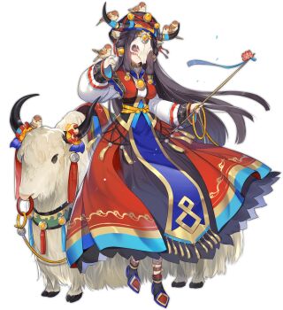 1girl animal animal_ears animal_on_head animal_skull ark_order bandaged_leg bandages bead_necklace beads bird bird_on_hand bird_on_head black_boots black_hair black_hat blue_dress boots breasts bull closed_mouth diadem dress earrings full_body gold_trim hat hatoyama_itsuru holding holding_stick horn_scrunchie horns jewelry long_sleeves looking_at_viewer mask medium_breasts multicolored_dress necklace official_art on_head ox_(ark_order) cow_ears cow_girl cow_horns red_dress smile solo sparrow stick tachi-e tassel tibetan_clothes transparent_background white_sleeves yak