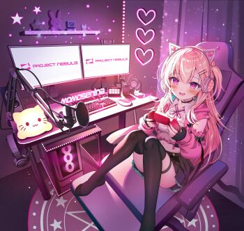 1girl animal_ear_headphones animal_ears arm_cutout black_choker black_gloves black_skirt black_thighhighs blonde_hair blush bow bowtie cat_ear_headphones cat_ears chair character_name choker clothing_cutout collared_shirt computer computer_keyboard computer_mouse controller cropped_shirt curtains desk dim_lighting electric_fan fake_animal_ears feet_on_chair fingerless_gloves full_body game_controller gaming_chair gloves hair_between_eyes headphones heart highres holding holding_controller holding_game_controller jacket knees_up light_particles long_hair looking_at_viewer luna_nyann microphone midriff miniskirt momose_nina monitor multiple_monitors navel on_chair open_mouth pink_bow pink_bowtie pink_eyes pink_jacket pink_nails project_nebula shirt sitting skirt smile solo star_(symbol) swivel_chair thigh_strap thighhighs two_side_up virtual_youtuber
