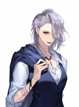 1girl absurdres arm_tattoo black_eyeshadow blue_eyes blue_jacket blue_lips blue_vest bracelet closed_mouth collarbone collared_shirt commentary_request dress_shirt ear_piercing eyeshadow grey_hair hair_over_one_eye highres holding holding_jacket holding_unworn_clothes jacket jewelry korean_commentary makeup mature_female medium_hair necklace path_to_nowhere piercing shirt simple_background sleeves_rolled_up solo ssozei tattoo unworn_jacket upper_body vest white_background white_shirt zoya_(path_to_nowhere)