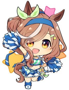 1girl animal_ears arm_up blue_gloves blue_hairband blue_socks blush bow breasts brown_hair cheerleader chibi chibi_only commentary_request crop_top cropped_jacket ear_bow genkai_made_pom_pon!! gloves hair_ornament hairband hairclip highres horse_ears horse_girl horse_tail jacket looking_at_viewer loose_socks matikanetannhauser_(blue_turbulence)_(umamusume) matikanetannhauser_(umamusume) medium_hair midriff multicolored_hair navel official_alternate_costume official_alternate_hairstyle open_clothes open_jacket open_mouth pom_pom_(cheerleading) skirt smile socks solo sports_bra star_(symbol) star_hair_ornament streaked_hair striped_sports_bra tail umamusume yellow_eyes yuyunoya