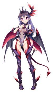 1girl aikawa_haruno bare_shoulders blush boots breasts corruption covered_navel dark_exs-tia_inferno dark_persona demon_girl demon_horns demon_tail demon_wings detached_sleeves earrings full_body game_cg gluteal_fold hair_ornament hand_on_own_chest highleg highleg_leotard highres horns jewelry kamitsurugi_ouka kouyoku_senki_exs-tia_concert large_variant_set leotard long_hair looking_at_viewer nail_polish navel non-web_source official_art pointy_ears purple_eyes purple_hair see-through_clothes small_breasts solo standing tail thigh_boots thighhighs transparent_background variant_set wings