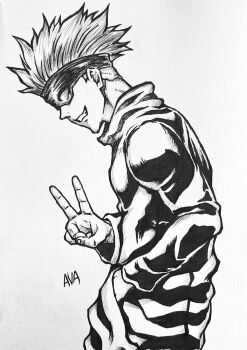 Rule 34 | 1boy, blindfold, commentary, draw with aid, english commentary, from side, gojou satoru, greyscale, grin, hand in pocket, highres, jujutsu kaisen, making-of available, male focus, millipen (medium), monochrome, pen (medium), simple background, smile, solo, traditional media, upper body, v, video crop