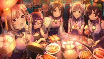 Rule 34 | 5girls, braid, breasts, brown hair, chinese clothes, cleavage, cup, game cg, glasses, grey eyes, grey hair, holding, idolmaster, idolmaster shiny colors, idolmaster shiny colors song for prism, l'antica (idolmaster), lantern, mitsumine yuika, multiple girls, official art, one eye closed, open mouth, plant, plate, pouring, purple eyes, purple hair, red eyes, shirase sakuya, steam, table, tanaka mamimi, tsukioka kogane, yellow eyes, yukoku kiriko