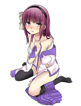 Rule 34 | 1girl, angel beats!, bare shoulders, black hairband, black thighhighs, blue sailor collar, blue skirt, blunt bangs, blush, bow, bra, breasts, clenched hand, collarbone, commentary request, covering breasts, covering privates, embarrassed, full body, green bow, green eyes, hair bow, hair over shoulder, hairband, highres, long sleeves, looking at viewer, medium breasts, medium hair, miniskirt, nakamura yuri, navel, negiko123123, no shoes, nose blush, open clothes, open shirt, panties, parted lips, pleated skirt, purple hair, sailor collar, shinda sekai sensen uniform, shiny skin, shirt, shirt partially removed, sidelocks, simple background, sitting, skirt, skirt around one leg, solo, strap slip, tearing up, thighhighs, thighhighs pull, thighs, underwear, upturned eyes, wariza, white background, white bra, white panties, white shirt