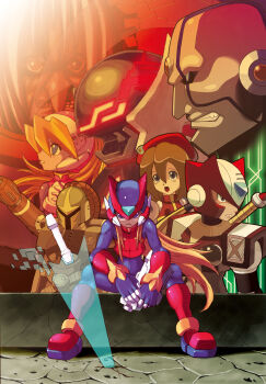 2boys 3girls absurdres android armor artist_request bald beret blonde_hair blue_eyes body_armor brown_hair cannon chest_jewel ciel_(mega_man) clenched_hands clenched_teeth closed_mouth dr._weil_(mega_man) dress dual_persona energy_sword evil_eyes evil_grin evil_smile facial_mark fang forehead_jewel from_side full_body gloves grin hat helmet hi-go! high_ponytail highres holding holding_wapon holding_weapon iris_(mega_man) jewelry long_hair looking_at_viewer looking_to_the_side mega_man_(series) mega_man_x4 mega_man_x_(series) mega_man_zero_(series) mega_man_zero_3 mega_man_zero_4 multicolored_dress multiple_boys multiple_girls old old_man omega_(mega_man) open_mouth parted_lips pink_helmet pink_top ponytail poster_(medium) red_armor red_hat red_helmet robot shoulder_armor shoulder_cannon sigma_(mega_man) sitting smile sword sword_on_back teeth vile_(mega_man) vile_v_(mega_man) weapon weapon_on_back white_gloves white_hair z_saber zero(z)_(mega_man) zero_(mega_man)