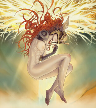 1girl abs amputee barefoot between_breasts breasts covered_eyes dirty dirty_feet elden_ring facing_viewer fingerless_gloves floating floating_hair from_side full_body gabriel_carrasquillo gloves glowing glowing_veins hand_up head_wings helmet helmet_over_eyes highres knees_up lips long_hair malenia_blade_of_miquella nude prosthesis prosthetic_arm red_hair soles solo toned winged_helmet wings