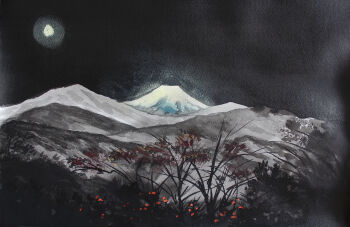 absurdres commentary_request highres moon mount_fuji night no_humans original outdoors pastel_(medium) scenery traditional_media tree warera