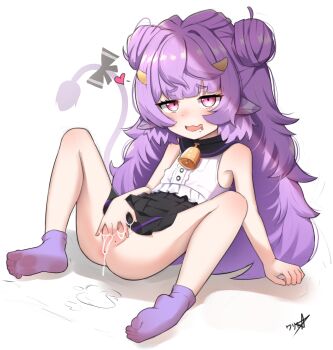 1girl :3 animal_ears armpits bell black_skirt blush boppin commission cow_ears cow_girl cow_horns cow_tail cowbell dot_nose double_bun drooling facing_viewer female_masturbation fingering flat_chest from_side full_body hair_bun heart highres horns leaning_back loli long_hair masturbation mole mole_under_mouth mouth_drool muu_muyu neck_bell no_panties no_shoes nose_blush on_floor open_mouth phase_connect pixiv_commission purple_eyes purple_hair purple_socks pussy pussy_juice ribbon shirt signature sitting skirt sleeveless socks solo tail tail_ornament tail_raised tail_ribbon uncensored virtual_youtuber white_shirt