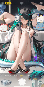 2girls absurdres alternate_costume arknights bare_legs barefoot beer_can black_hair black_shoes blue_hair bottle breasts can cocktail_dress crossed_ankles doll dragon_girl dragon_tail dress drink_can dusk_(arknights) eastern_dragon_horns fake_phone_screenshot fake_screenshot feet green_hands grey_dress highres holding holding_phone huade_xiami knees_up large_breasts legs ling_(arknights) long_hair lying multiple_girls on_stomach orange_eyes parted_lips phone pointy_ears selfie shoes sideboob sitting soles tail toe_cleavage toes very_long_hair