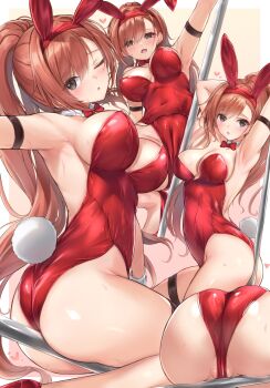 1girl animal_ears arisugawa_natsuha armpits arms_up ass bare_shoulders between_buttocks black_eyes blush bow bowtie breasts cameltoe cleavage covered_navel detached_collar fake_animal_ears fake_tail heart highres idolmaster idolmaster_shiny_colors large_breasts leotard long_hair looking_at_viewer open_mouth playboy_bunny rabbit_ears rabbit_tail red_hair red_leotard solo strapless strapless_leotard sweat swept_bangs tail traditional_bowtie wrist_cuffs yoi_naosuke