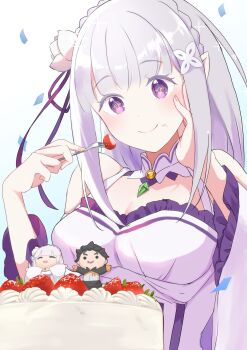 1girl 51senre bare_shoulders blunt_bangs blush braid breasts cake character_doll cleavage confetti cream crown_braid detached_sleeves doll dress eating elf emilia_(re:zero) flower food food_on_face fork frilled_sleeves frills fruit gem green_gemstone grey_hair hair_flower hair_ornament hair_ribbon hand_on_own_cheek hand_on_own_face highres holding holding_fork long_hair medium_breasts natsuki_subaru pointy_ears purple_eyes purple_ribbon re:zero_kara_hajimeru_isekai_seikatsu ribbon rose smile solo strawberry upper_body white_flower white_hair white_rose wide_sleeves x_hair_ornament