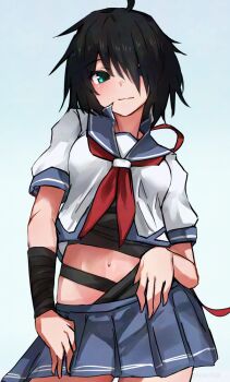 1girl ahoge aqua_eyes black_hair blue_sailor_collar blue_skirt breasts hair_over_one_eye kako_(kancolle) kako_kai_ni_(kancolle) kantai_collection long_hair looking_at_viewer mani_oniniku medium_breasts messy_hair miniskirt navel pleated_skirt ponytail sailor_collar school_uniform serafuku skirt solo very_long_hair