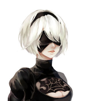 1girl 2b_(nier:automata) black_dress black_hairband blindfold breasts cleavage cleavage_cutout clothing_cutout cropped_torso dress ei_(13805181) hairband highres looking_at_viewer nier:automata nier_(series) short_hair solo white_background