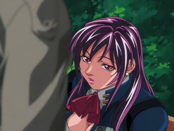 00s 1boy 1girl 2004 animated animated_gif bench bible_black bible_black_new_testament blazer bouncing_breasts bow bowtie breasts cleavage cleavage_cutout clothing_cutout earrings female_focus ichikawa_aki jacket jewelry large_breasts lipstick long_coat long_hair makeup patch purple_hair red_eyes shin_bible_black shoulder_patch sidelocks sitting surprised tagme tokken_division yuge_toru