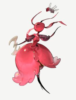 1girl ant_girl antennae arthropod_girl closed_eyes colored_skin dress f4d1a6 flying full_body highres holding holding_weapon hollow_knight hollow_knight:_silksong looking_at_another looking_up red_dress red_skin skarrsinger_karmelita_(hollow_knight) skarrwing_(hollow_knight) standing weapon