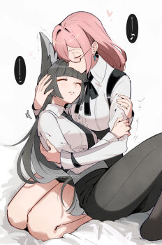 Rule 34 | 2girls, animal ears, black hair, black necktie, black pants, black skirt, blunt bangs, breasts, closed eyes, closed mouth, dailymiyanagi, fox ears, grabbing another's arm, high-waist skirt, highres, hoshimi miyabi, hug, large breasts, long hair, lullaby, multiple girls, necktie, pants, pencil skirt, pink hair, seiza, semi-rimless eyewear, shirt, sitting, skirt, sleeping, tsukishiro yanagi, white background, white shirt, yuri, zenless zone zero