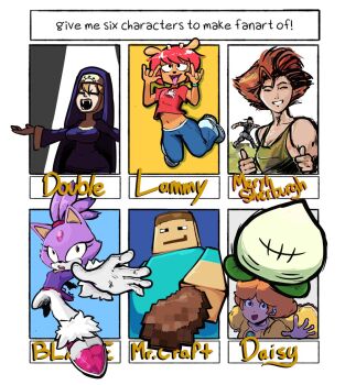 1boy 5girls blaze_the_cat cat_girl double_(skullgirls) furry furry_female konami lamb_girl lammy_(um_jammer_lammy) mario_(series) meryl_silverburgh metal_gear_(series) minecraft mojang multiple_girls nintendo parappa_the_rapper plow_(witch_parfait) princess_daisy sega skullgirls sonic_(series) steve_(minecraft) super_mario_land super_smash_bros. turnip um_jammer_lammy