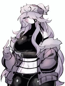 Rule 34 | annoyed, breasts, colored skin, crop top, friday night funkin', fur-trimmed jacket, fur trim, genderswap, genderswap (mtf), grey hair, grey skin, hand in pocket, jacket, large breasts, leggings, long hair, looking at viewer, messy hair, midriff, multicolored skin, navel, one eye covered, open clothes, open jacket, parka, ruvyzvat (friday night funkin'), thick thighs, thighs, usa37107692, very long hair, white eyes, white skin, wide hips