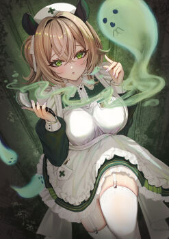 1girl absurdres animal_ears apron breasts center_frills commentary contrast_collar crossed_bangs dress fingernails frills garter_straps green_dress green_eyes hair_between_eyes hands_up hat highres holding holding_smoking_pipe indie_virtual_youtuber knee_up large_breasts long_sleeves looking_at_viewer mito_soosu name_tag naplings_(nimi_nightmare) nimi_nightmare nimi_nightmare_(1st_costume) nurse nurse_cap one_side_up open_mouth smoking_pipe solo tapir_ears tapir_girl thighhighs virtual_youtuber white_apron white_thighhighs