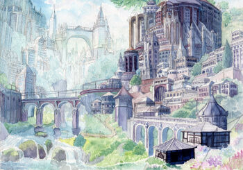 bridge building commentary_request day fantasy highres kyuui no_humans original outdoors painting_(medium) power_lines river scenery tower traditional_media tree watercolor_(medium)
