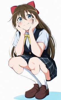 1girl absurdres black_skirt blue_eyes blue_shirt bow brown_hair brown_shoes collared_shirt commentary dress_shirt full_body hair_bow hands_on_own_cheeks hands_on_own_face highres kneehighs large_bow loafers long_hair love_live! love_live!_nijigasaki_high_school_idol_club miniskirt neck_ribbon nijigasaki_school_uniform osaka_shizuku plaid_clothes plaid_skirt pleated_skirt red_bow ribbon school_uniform shirt shoes short_sleeves skirt socks solo squatting summer_uniform uchuu_no_mozuku white_socks yellow_ribbon
