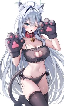 1girl absurdres alternate_costume animal_collar animal_ear_fluff animal_ears animal_hands bell black_bra black_panties black_thighhighs blue_archive blush bra breasts cat_cutout cat_ear_panties cat_lingerie cleavage clothing_cutout collar commentary_request cross cross_hair_ornament deep_skin extra_ears frilled_bra frills gloves grey_eyes grey_hair grey_halo hair_between_eyes hair_intakes hair_ornament halo hands_up highres inverted_cross large_breasts long_hair looking_at_viewer navel neck_bell ojyomu one_eye_closed open_mouth panties paw_gloves paw_pose red_collar revealing_clothes bad_tag shiny_skin shiroko_terror_(blue_archive) simple_background skindentation solo standing standing_on_one_leg stomach thick_thighs thighhighs thighs underwear very_long_hair white_background wolf_ears wolf_girl